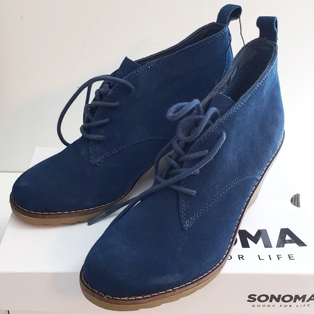 Sonoma Navy Leather Suede Wedge Ankle Boot Booties